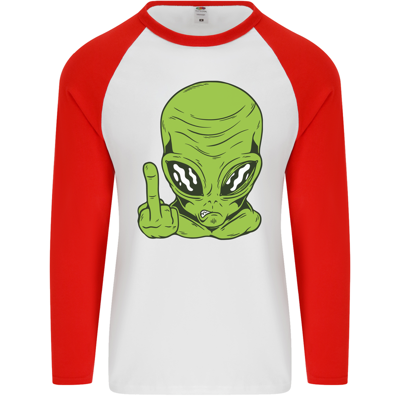 Angry Alien Finger Flip Funny Offensive Mens L/S Baseball T-Shirt White/Red