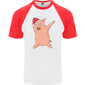 Christmas Dabbing Pig Wearing an Xmas Hat Mens S/S Baseball T-Shirt White/Red