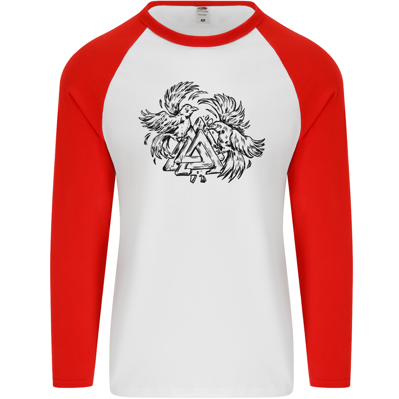 Valknut Symbol With Ravens Viking Mens L/S Baseball T-Shirt White/Red