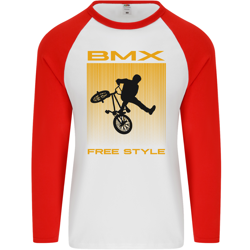 BMX Freestyle Cycling Bicycle Bike Mens L/S Baseball T-Shirt White/Red