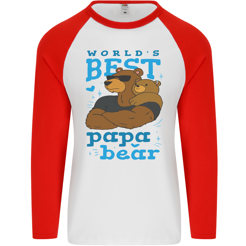 Worlds Best Papa Bear Fathers Day Mens L/S Baseball T-Shirt White/Red