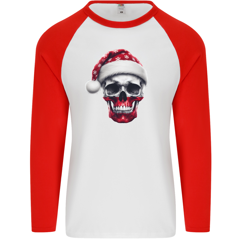 Polish Christmas Skull Xmas Poland Biker Flag Mens L/S Baseball T-Shirt White/Red