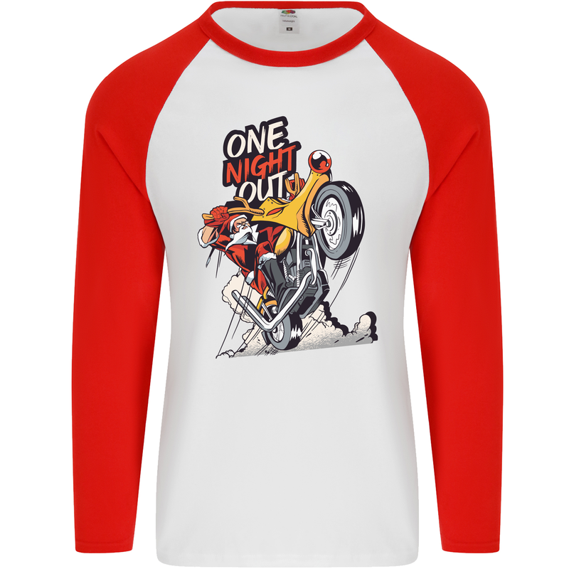 Biker Santa One Night Out Christmas Motorcycle Mens L/S Baseball T-Shirt White/Red