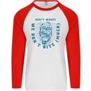 Funny Halloween Zombie We Dont Bite Much Mens L/S Baseball T-Shirt White/Red