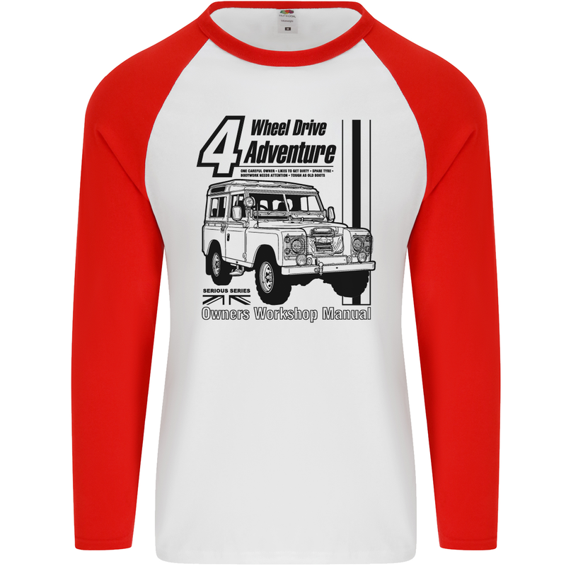 4 Wheel Drive Adventure 4X4 Off Road Mens L/S Baseball T-Shirt White/Red