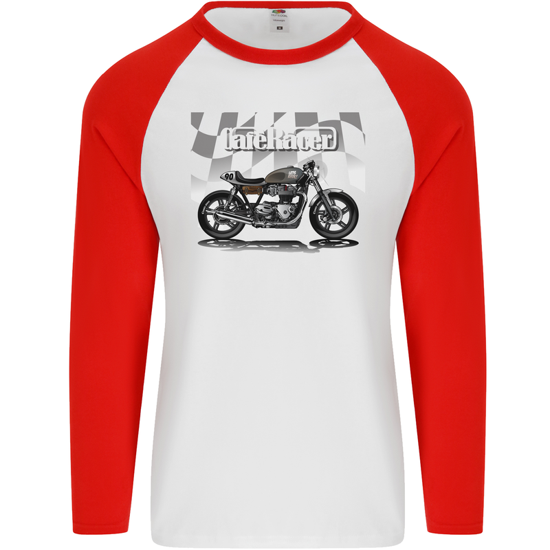 Cafe Racer Motorbike Motorcycle Biker Mens L/S Baseball T-Shirt White/Red