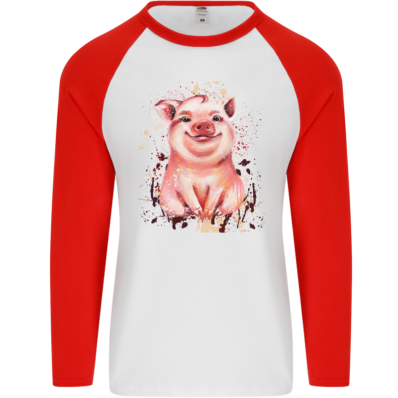 Watercolour Pig Mens L/S Baseball T-Shirt White/Red