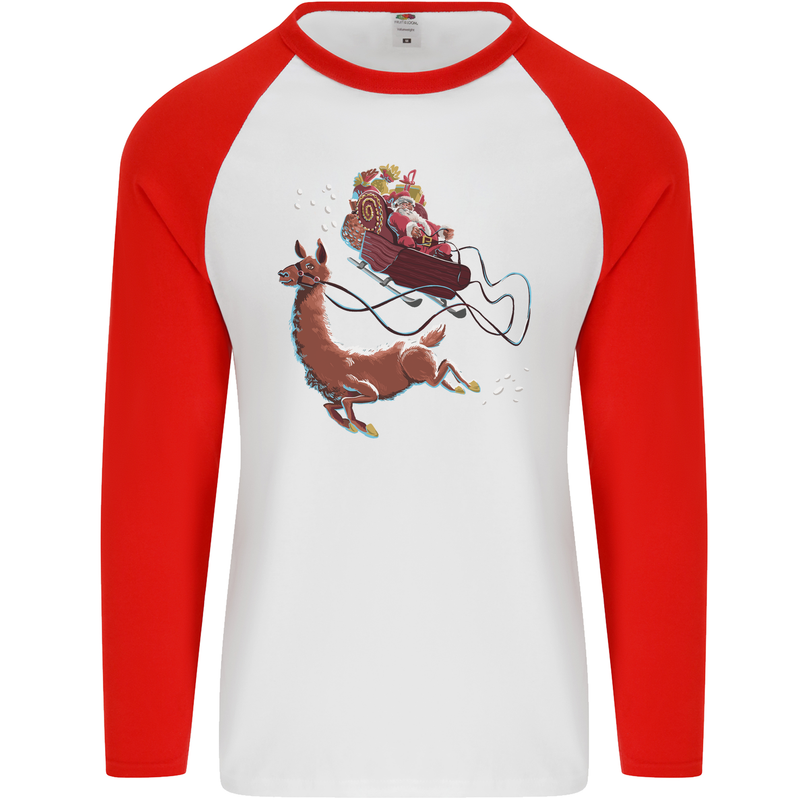 Santa & Llama Funny Christmas Sleigh Xmas Mens L/S Baseball T-Shirt White/Red