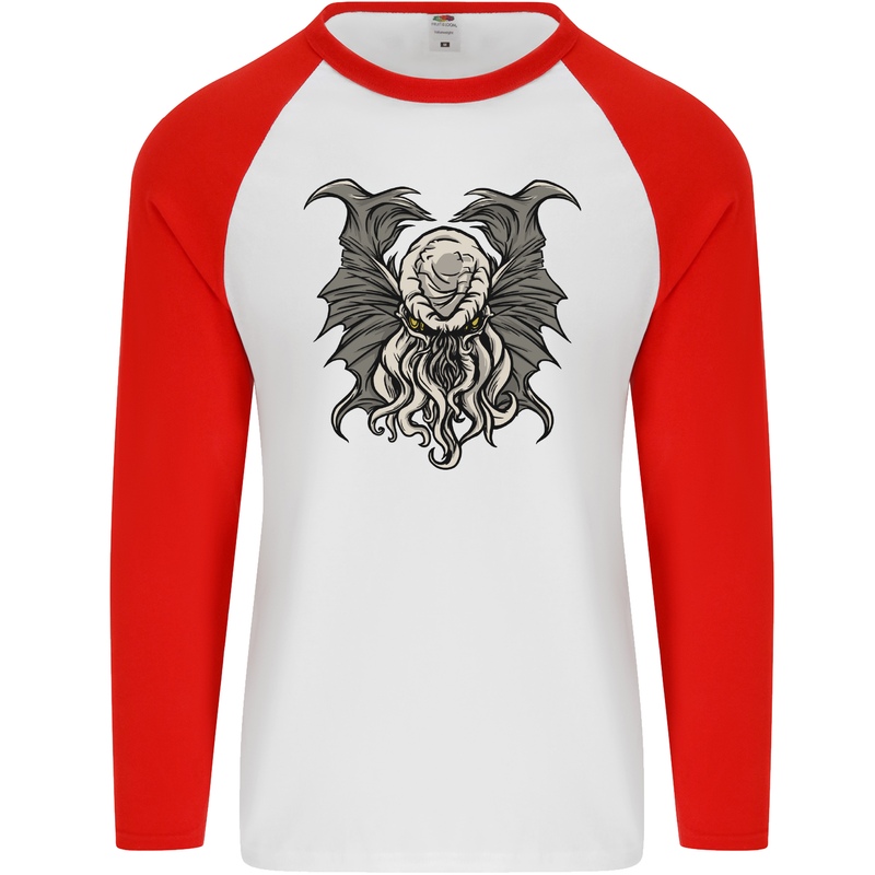 Cthulhu Entity Kraken Mens L/S Baseball T-Shirt White/Red