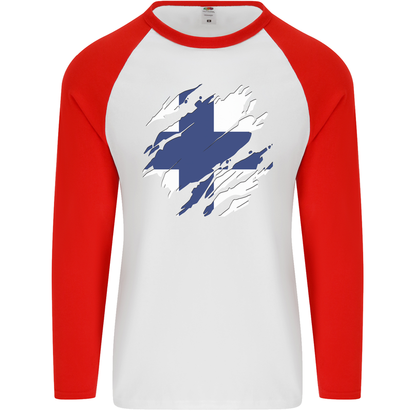 Torn Finland Flag Finnish Day Football Mens L/S Baseball T-Shirt White/Red