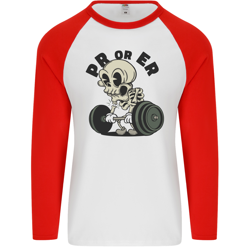 PR or ER Gym Bodybuilding Training Mens L/S Baseball T-Shirt White/Red