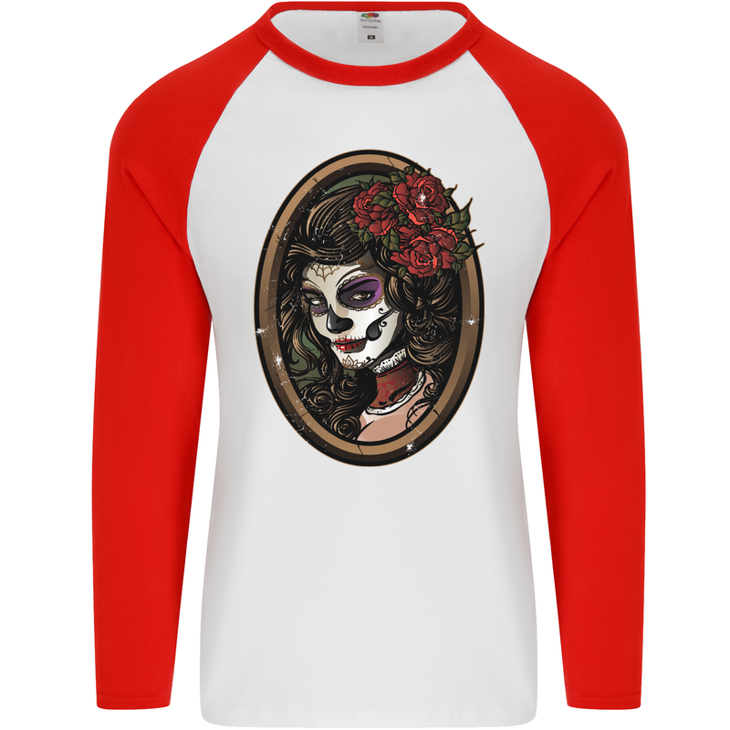 Day of the Dead La Catrina DOTD Sugar Skull Mens L/S Baseball T-Shirt White/Red