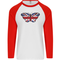 Union Jack Butterfly British Britain Flag Mens L/S Baseball T-Shirt White/Red