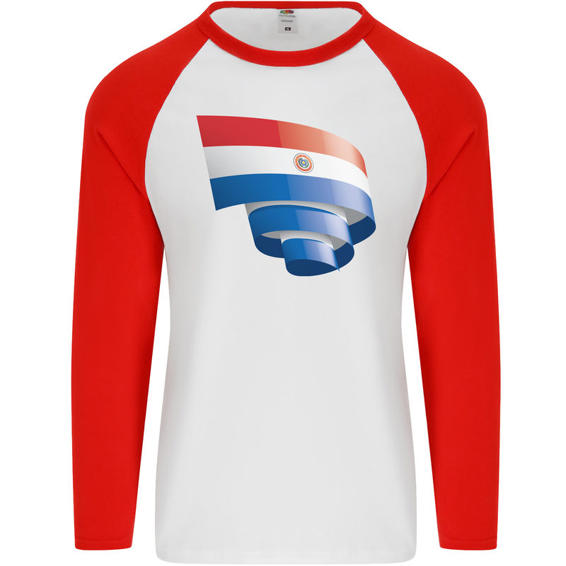 Curled Paraguay Flag Paraguayan Day Football Mens L/S Baseball T-Shirt White/Red