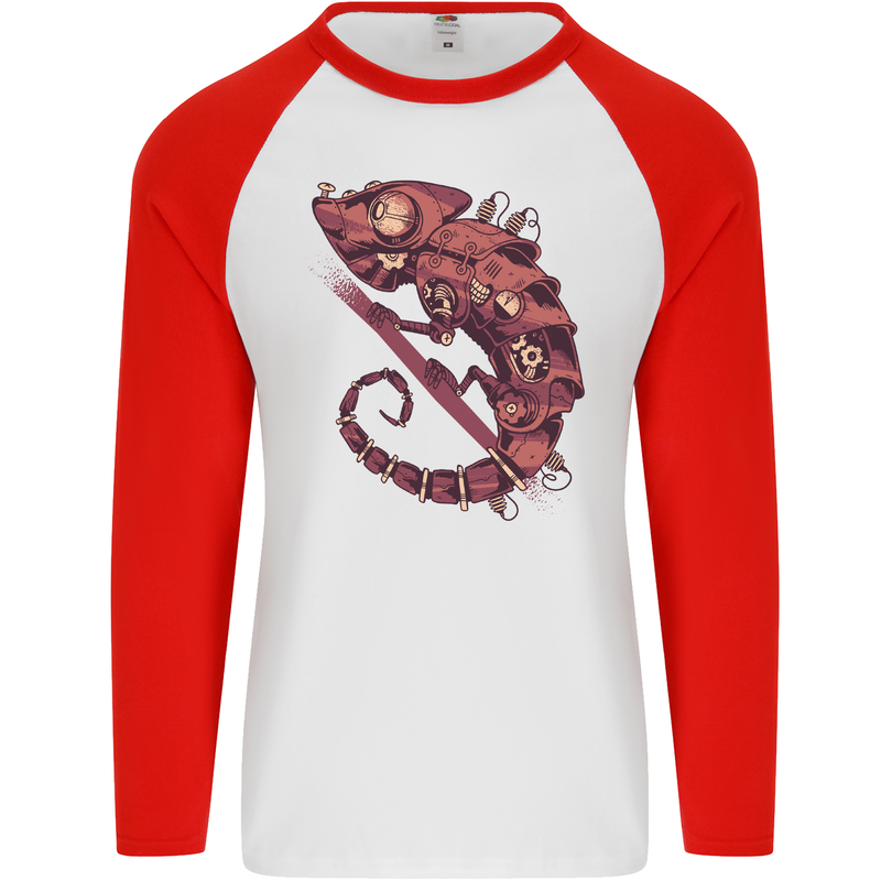 Steampunk Chameleon Iguana Reptile Lizard Mens L/S Baseball T-Shirt White/Red