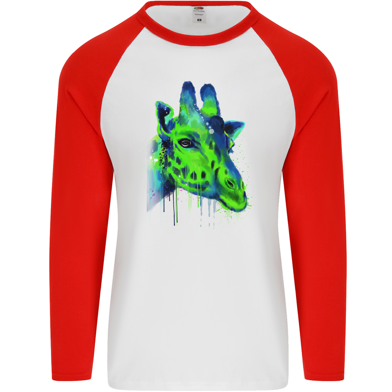 Giraffe Watercolour Mens L/S Baseball T-Shirt White/Red