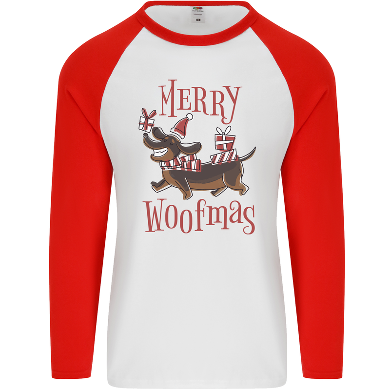 Merry Woofmas Funny Xmas Dog Mens L/S Baseball T-Shirt White/Red