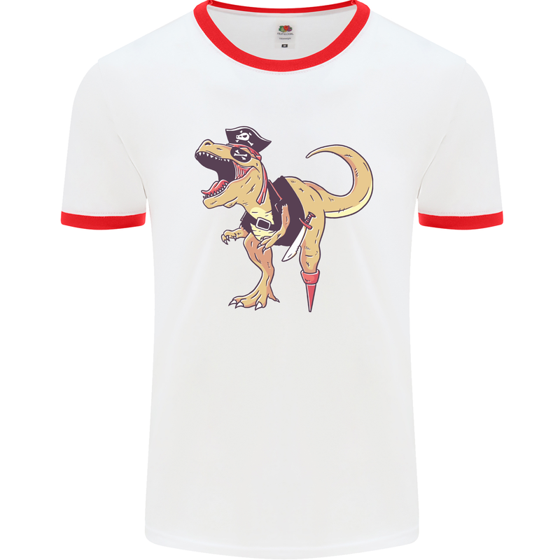 Pirate T-Rex Funny Dinosaur Mens Ringer T-Shirt White/Red