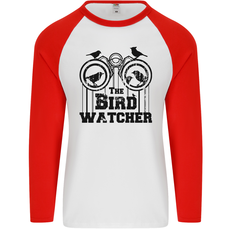 The Bird Watcher Watching Funny Mens L/S Baseball T-Shirt White/Red