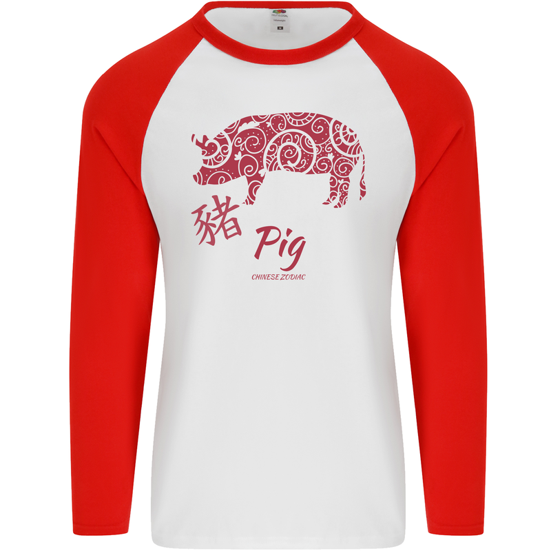 Chinese Zodiac Shengxiao Year of the Pig Mens L/S Baseball T-Shirt White/Red