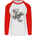 5 Skulls Demons Biker Gothic Heavy Metal Mens L/S Baseball T-Shirt White/Red