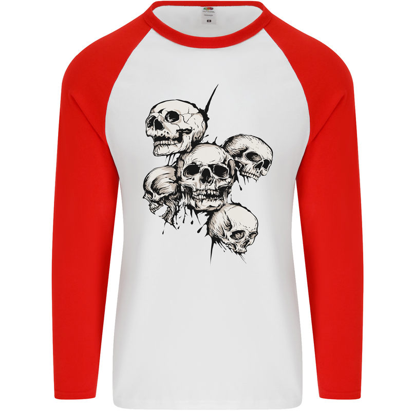 5 Skulls Demons Biker Gothic Heavy Metal Mens L/S Baseball T-Shirt White/Red