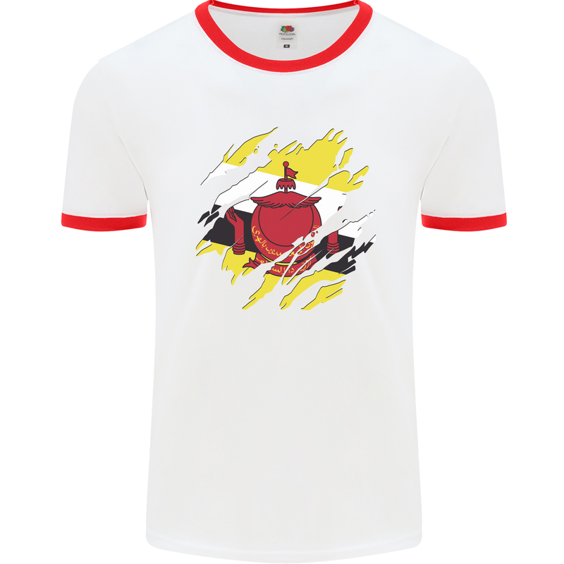 Torn Brunei Flag Bruneian Day Football Mens Ringer T-Shirt White/Red