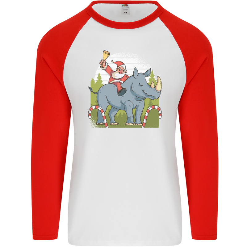 A Christmas Rhino With Santa Xmas Mens L/S Baseball T-Shirt White/Red