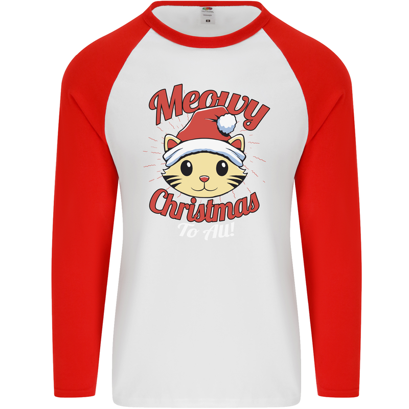 Christmas Cat Meowy Funny Christmas Mens L/S Baseball T-Shirt White/Red