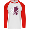 Torn Qatar Flag Qatari Day Football Mens L/S Baseball T-Shirt White/Red