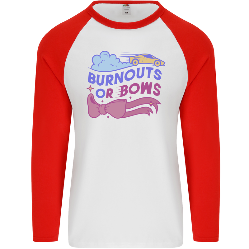 Burnouts or Bows Gender Reveal New Baby Pregnant Mens L/S Baseball T-Shirt White/Red