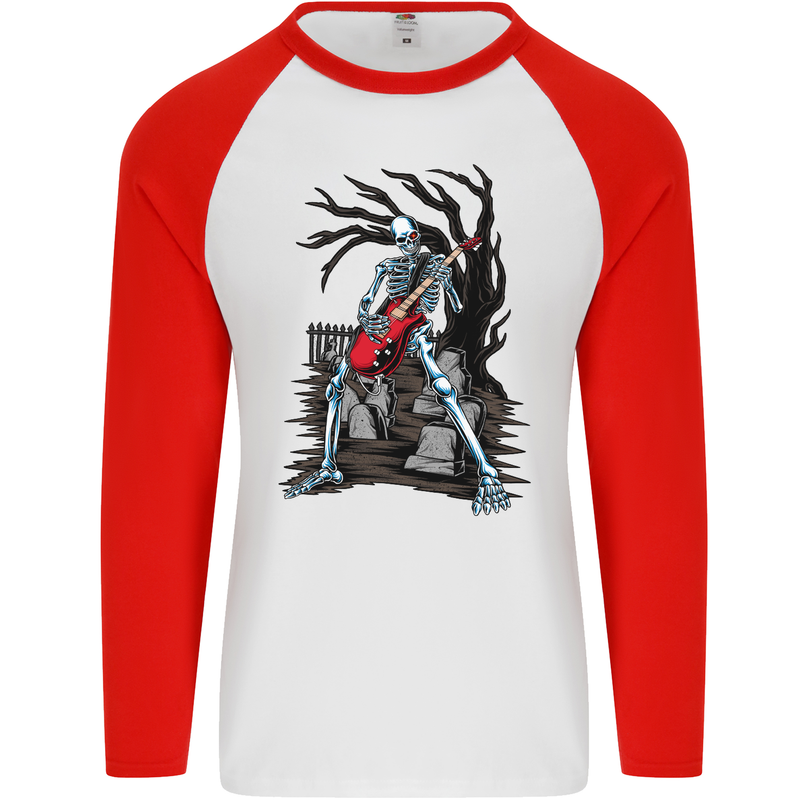 Graveyard Rock Guitar Skull Heavy Metal Mens L/S Baseball T-Shirt White/Red