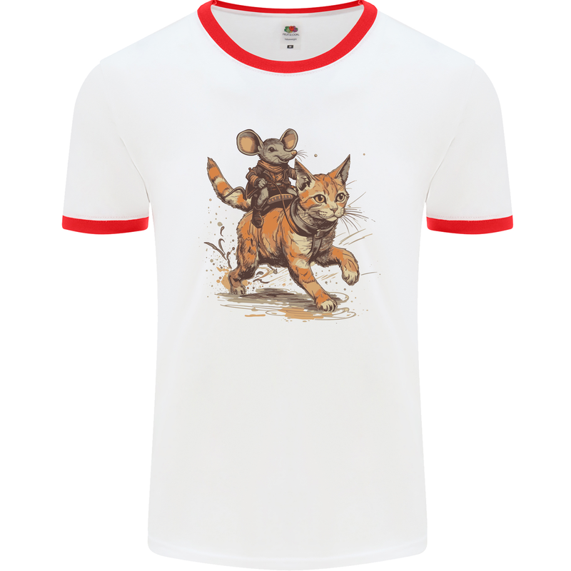 Cat and Mouse Winter Fun Mens Ringer T-Shirt White/Red