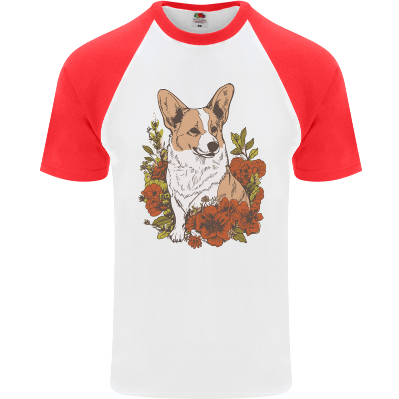 Corgi Dog With Flowers Mens S/S Baseball T-Shirt White/Red