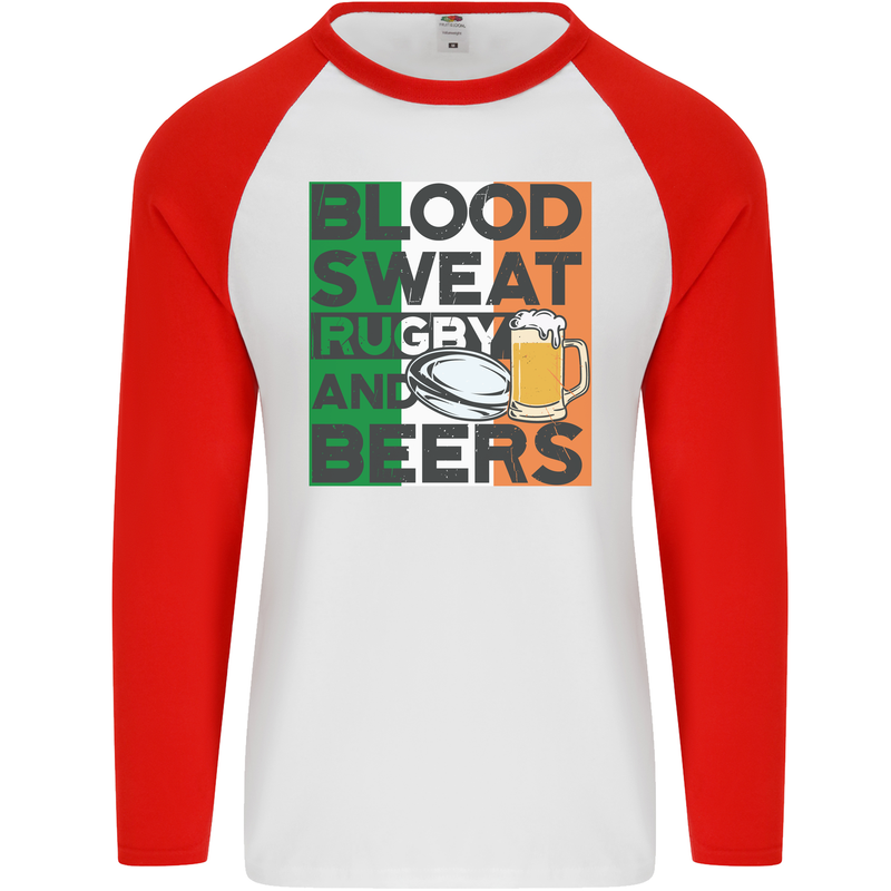 Blood Sweat Rugby and Beers Ireland Funny Mens L/S Baseball T-Shirt White/Red