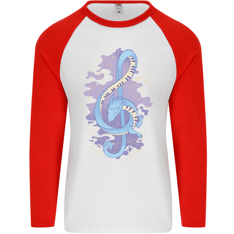 Musical Keyboard Dragon Mens L/S Baseball T-Shirt White/Red