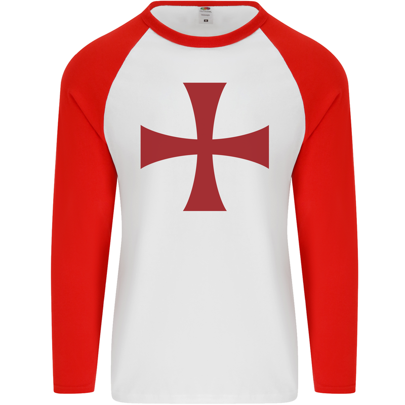 Knights Templar Cross Fancy Dress Outfit Mens L/S Baseball T-Shirt White/Red