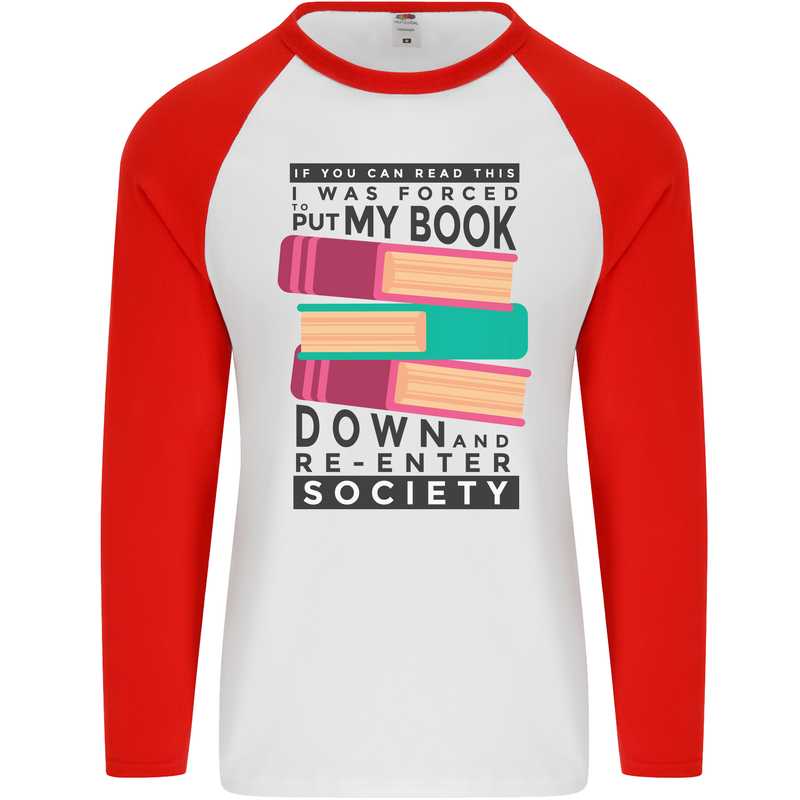 Book Reading Re-Enter Society Funny Mens L/S Baseball T-Shirt White/Red