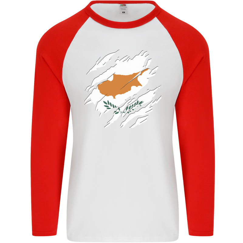 Torn Cyprus Flag Cypriot Day Football Mens L/S Baseball T-Shirt White/Red