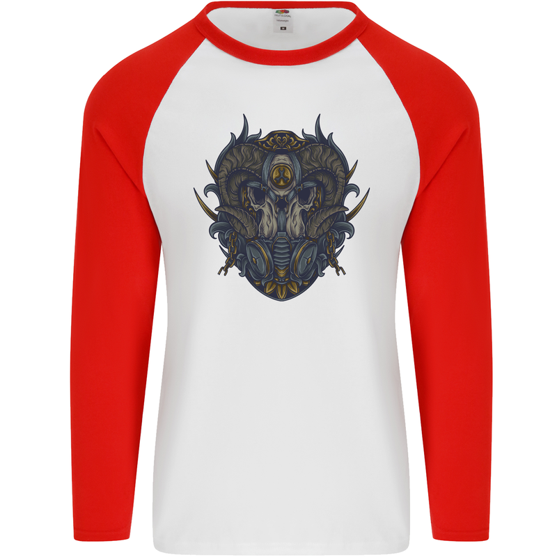 Ram Skull With Respirator Mens L/S Baseball T-Shirt White/Red