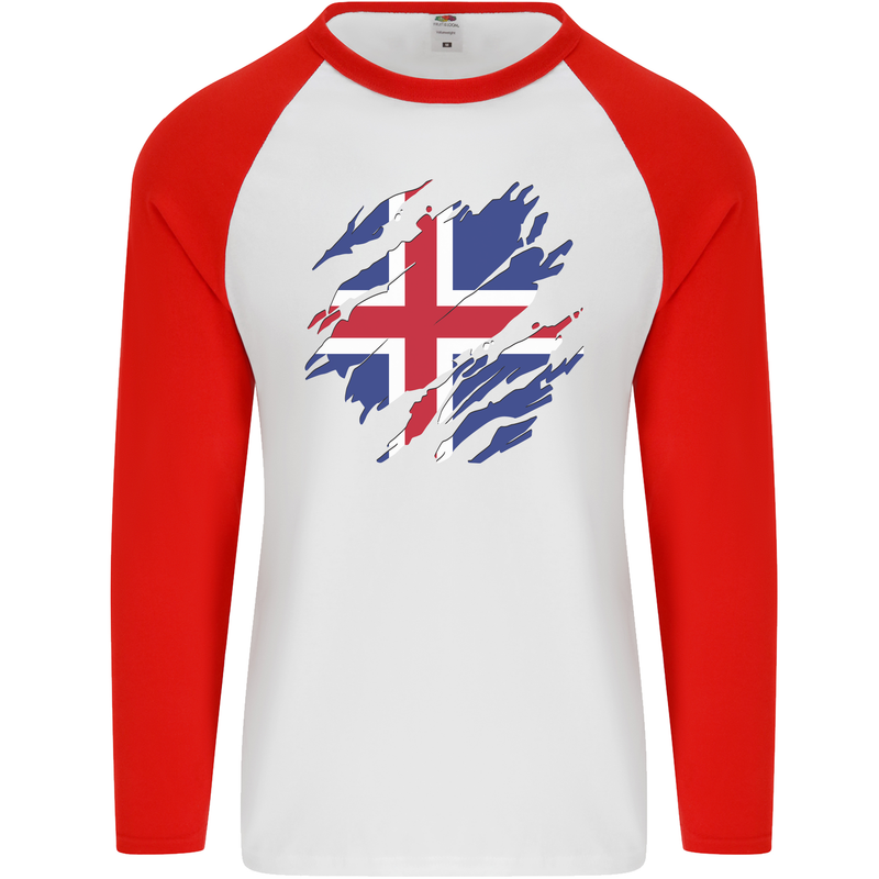 Torn Iceland Flag Icelander Day Football Mens L/S Baseball T-Shirt White/Red