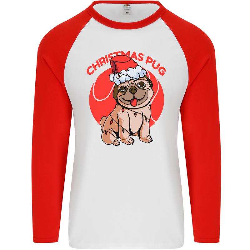 A Christmas Pug Wearing an Xmas Hat Mens L/S Baseball T-Shirt White/Red