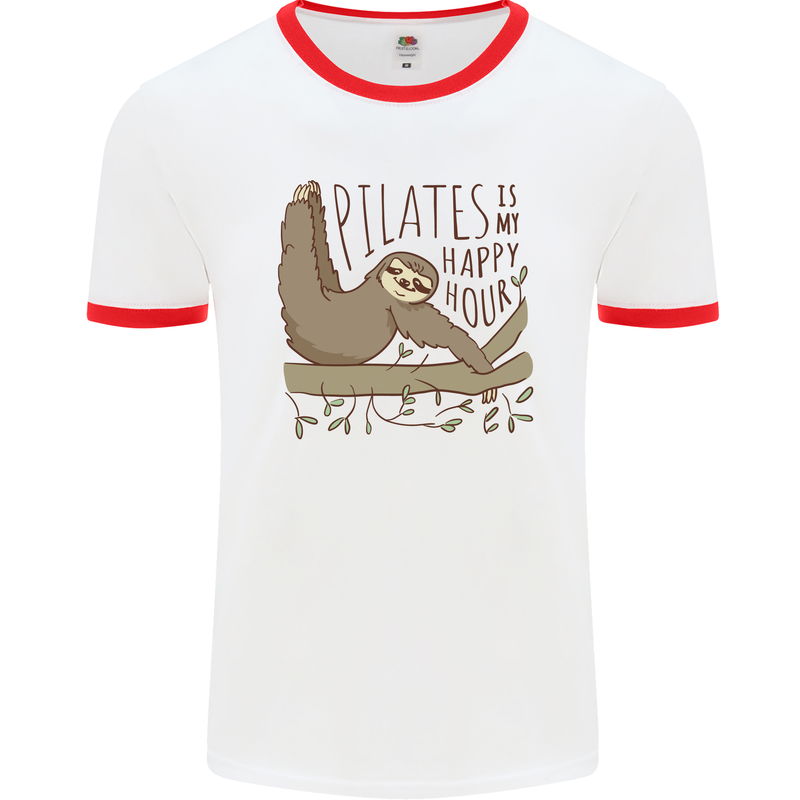 Pilates My Happy Hour Funny Yoga Sloth Mens Ringer T-Shirt White/Red