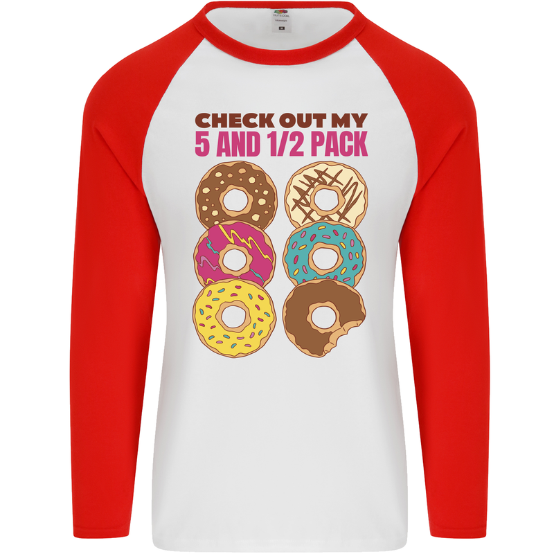 Check Out My 5 1/2 Pack Funny Donut Food Gym Mens L/S Baseball T-Shirt White/Red