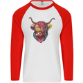 Colourful Highland Cow Mens L/S Baseball T-Shirt White/Red