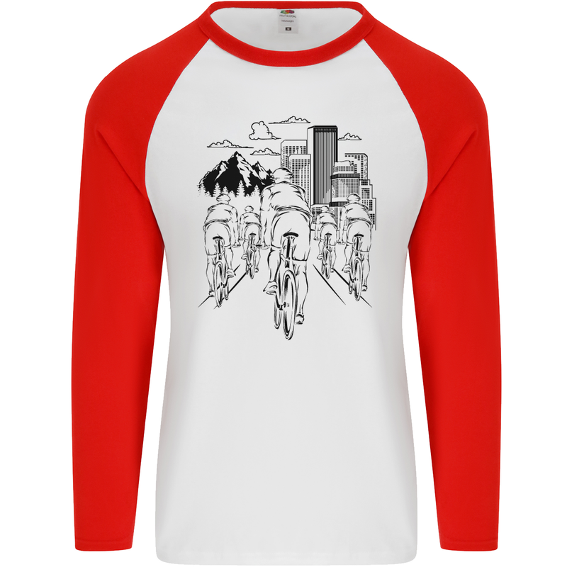 Bike Ride Cycling Cyclist Bicycle Road MTB Mens L/S Baseball T-Shirt White/Red