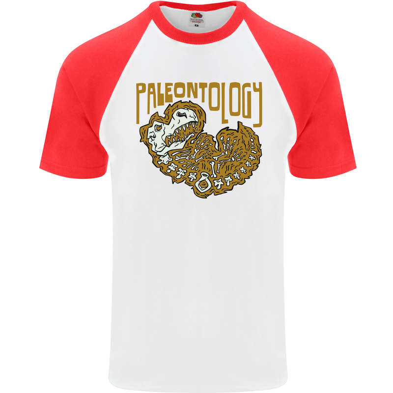 Dinosaur Fossil Paleontology Skeleton Mens S/S Baseball T-Shirt White/Red