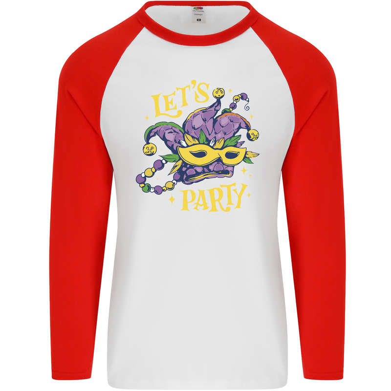 Mardi Gras Lets Party Mens L/S Baseball T-Shirt White/Red