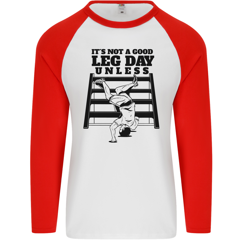 Leg Day Funny Bodybuilding Gym Training Mens L/S Baseball T-Shirt White/Red