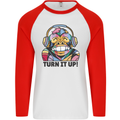 Turn It Up Monkey DJ Headphones Music Mens L/S Baseball T-Shirt White/Red